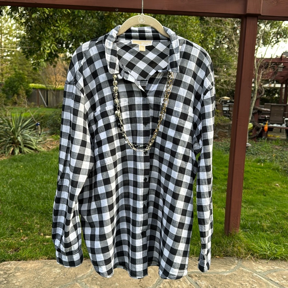 🩷 MICHAEL Michael Kors; Black & White - Cotton Checkered Button Down Shirt XL!